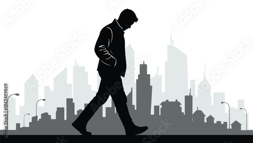 A silhouette of a businessman walking against a city skyline, conveying a sense of professionalism and urban life.