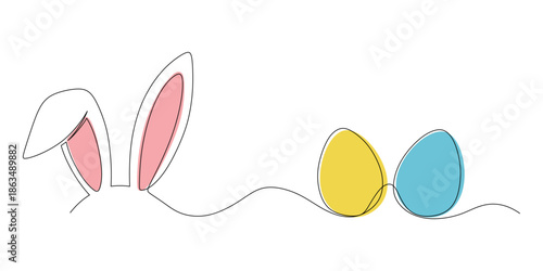 Continuous line art celebrating easter with a bunny egg. Greeting banner design with bunny and ears in simple linear style