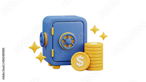 3D Render of a Blue Safe with Gold Coins and Stars