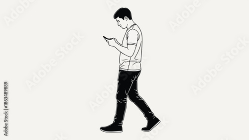 Young Man Walking and Texting on Smartphone Vector Illustration