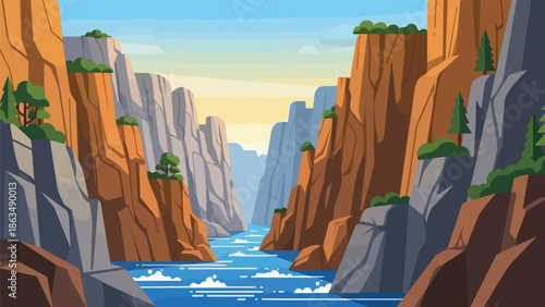 A majestic river canyon with towering, ancient rock formations and a vibrant waterway under a serene, colorful sky, illustrating nature's grandeur.