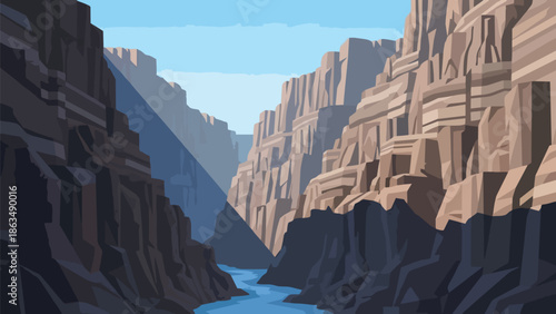 An intricate geometric illustration of a vast desert canyon landscape featuring a winding river cutting through ancient rock formations bathed in