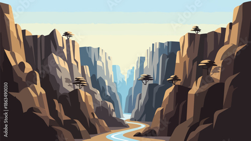 A majestic river carves its path through towering geological formations, creating an inspiring and serene natural landscape vista under a clear sky