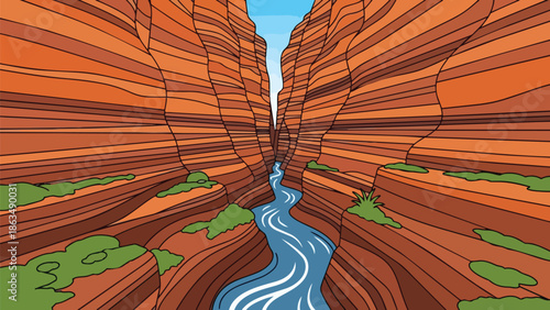 Vivid vector illustration of a majestic river carving through an ancient canyon landscape, showcasing its natural grandeur.