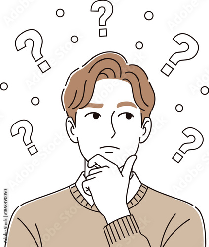 Confused thoughtful person vector illustration with question marks, pondering expression, problem solving, decision making, uncertainty, study, education, psychology concept