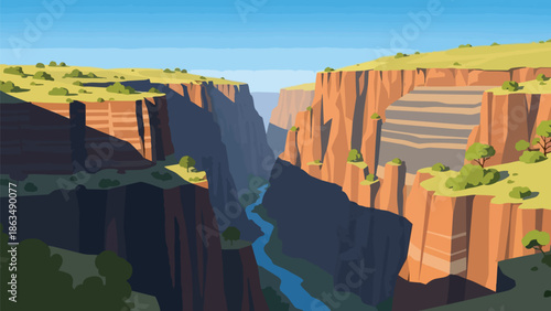 Grand canyon illustration with a winding river and towering rock faces under a clear sky, depicting vast natural beauty and ancient geological layers
