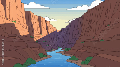 An animated depiction of a majestic river winding through a towering canyon under a bright sky, showcasing deep geological formations and serene