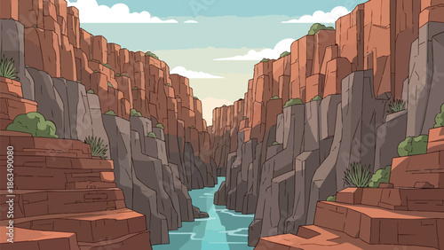 Stylized depiction of a deep desert gorge with water flowing through its colossal rock formations under a clear sky.