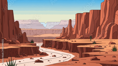 A captivating cartoon desert panorama showcasing majestic red rock canyons and a meandering dry riverbed under an expansive clear blue sky, evoking