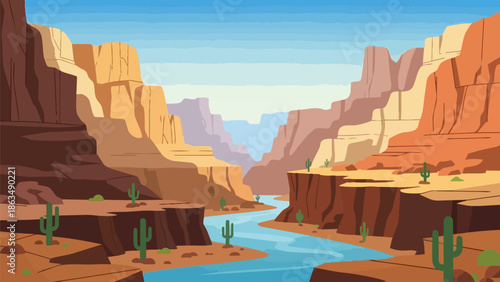 A breathtaking animated desert canyon landscape where a serene river gently winds between towering, vibrantly colored rock formations under a clear