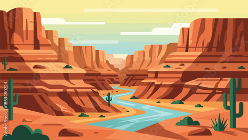 Desert canyon landscape with river and cacti. Minimalist art style showcasing arid beauty. A vibrant, clean illustration of nature's grandeur and
