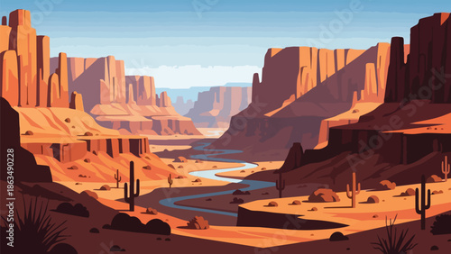 Vibrant stylized desert canyon vista with winding river, towering formations, saguaro cactuses, clear sky, depicting arid beauty and tranquil