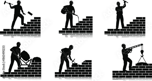 Construction worker silhouette vector illustration showing bricklaying, masonry, cement mixing, crane lifting, and building tasks with tools and equipment