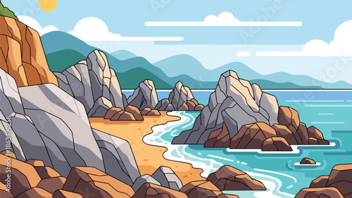 Vibrant coastal landscape with sunlit rocky shores and serene turquoise waters under a clear sky