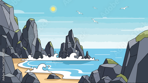 Vibrant cartoon seascape displaying towering rock formations, a golden sandy beach, and dynamic ocean waves beneath a bright sunny sky where gulls