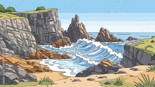 Vivid animated coastal panorama showcasing majestic rugged cliffs, prominent rock formations, and powerful ocean waves crashing against a serene