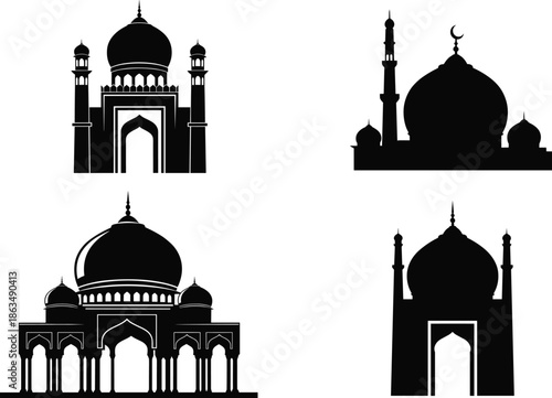 Islamic mosque silhouette set with domes, minarets, crescent moon, and arches for cultural, religious, architectural, and design themes.