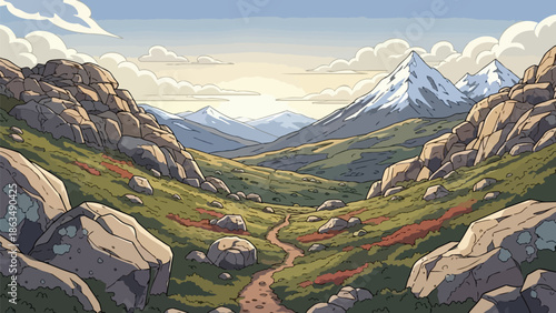 Serene mountain valley path winding through a vibrant landscape under a vast sky with distant snow-capped peaks