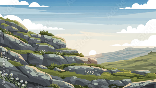 Vector landscape of a rocky mountain slope with green patches and distant hills under a vibrant sky with a rising sun