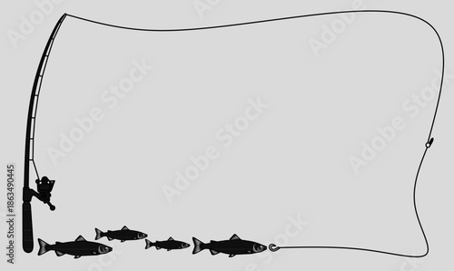 fishing rod or fishing pole and line forming a rectangular frame with fish silhouette and copy space.for fishing, sport, hobby, and outdoor,text,concepts or design.