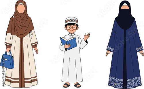 Islamic family illustration with traditional attire, modest fashion, cultural diversity, Muslim clothing, hijab, abaya, thobe, and religious expression
