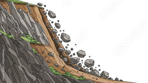 Illustrative depiction of a natural rockslide event cascading down a steep, eroded cliff face, showcasing geological instability and potential hazards