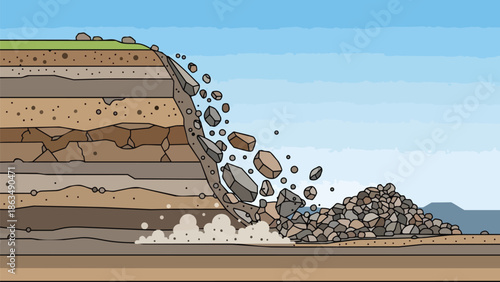Depiction of a dramatic rockslide illustrating geological erosion and natural land transformation processes