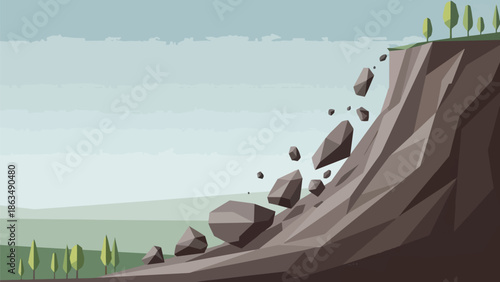 Dramatic low-poly illustration of a rockfall. Steep cliff, tumbling boulders. Geological instability, erosion, environmental hazard. Minimalist