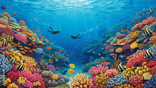 Vibrant Coral Reef Ecosystem with Swimmers Exploring Underwater World.