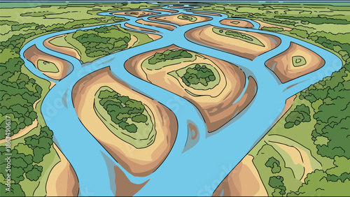 An intricate aerial illustration depicting a winding river system with numerous lush tree-covered islands coursing through a vibrant verdant