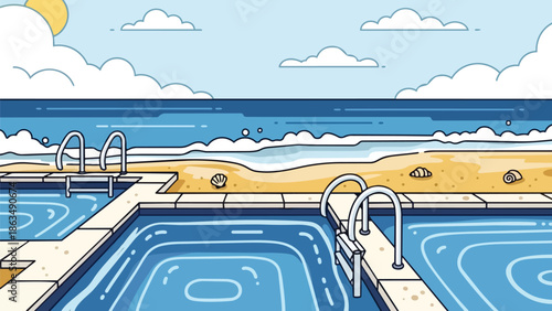 Vibrant cartoon art of serene blue pools adjacent to a golden beach and calm ocean under a bright sky. Perfect for summer relaxation and coastal