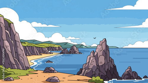 Captivating cartoon artwork depicting a picturesque shoreline vista featuring majestic sea cliffs, a sun-kissed beach, tranquil blue waters, and