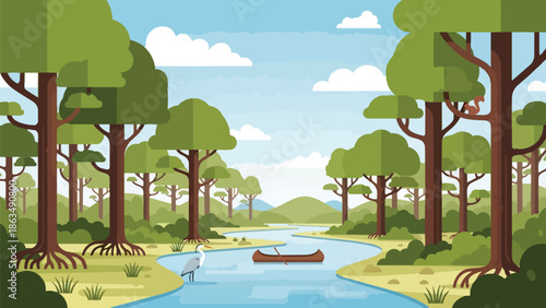 Vibrant vector river landscape with canoe, heron, and squirrel amid lush forest under a cloudy sky