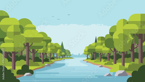 Serene flat design illustration of a vibrant river flowing through a lush green forest under a clear sky