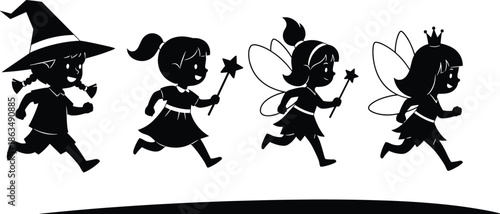 Joyful children in fantasy costumes running together silhouette illustration for Halloween party, fairy princess, witch, magical wand, festive celebration vector