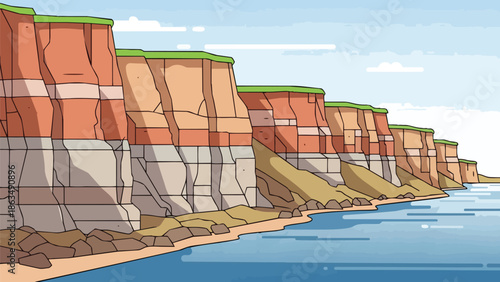 Vector illustration showcasing dramatic layered coastal rock formations meeting the serene ocean under a clear sky, highlighting geological strata