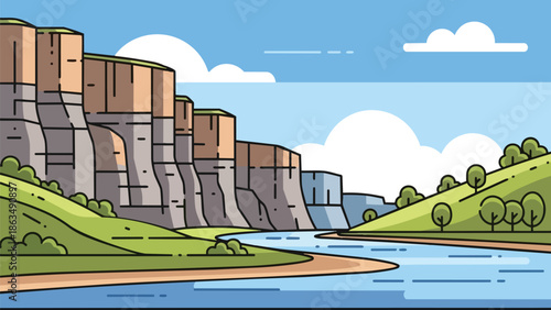 A tranquil cartoon landscape illustrating a winding river flowing through towering canyon cliffs and gentle verdant hills under a clear blue sky