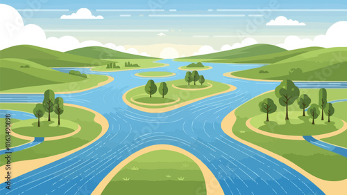 Vibrant vector landscape featuring a broad winding river system, many islands with lush trees, and gentle green hills under a bright blue sky