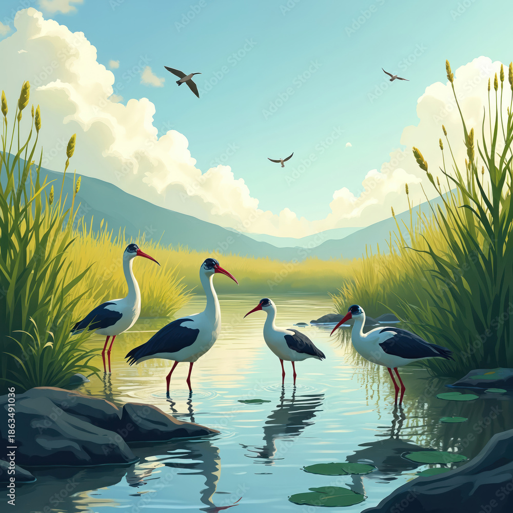 Fototapeta premium Group of storks stand in shallow water near reeds. Birds wade in calm pond with reflection, sky clouds visible. Other birds fly above serene landscape.