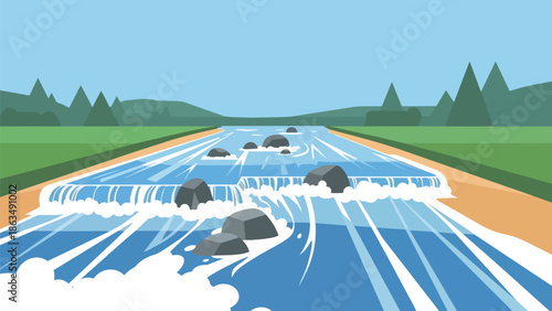 Dynamic river landscape vector art with azure water flowing over scattered dark rocks forming small foamy cascades bordered by lush green banks