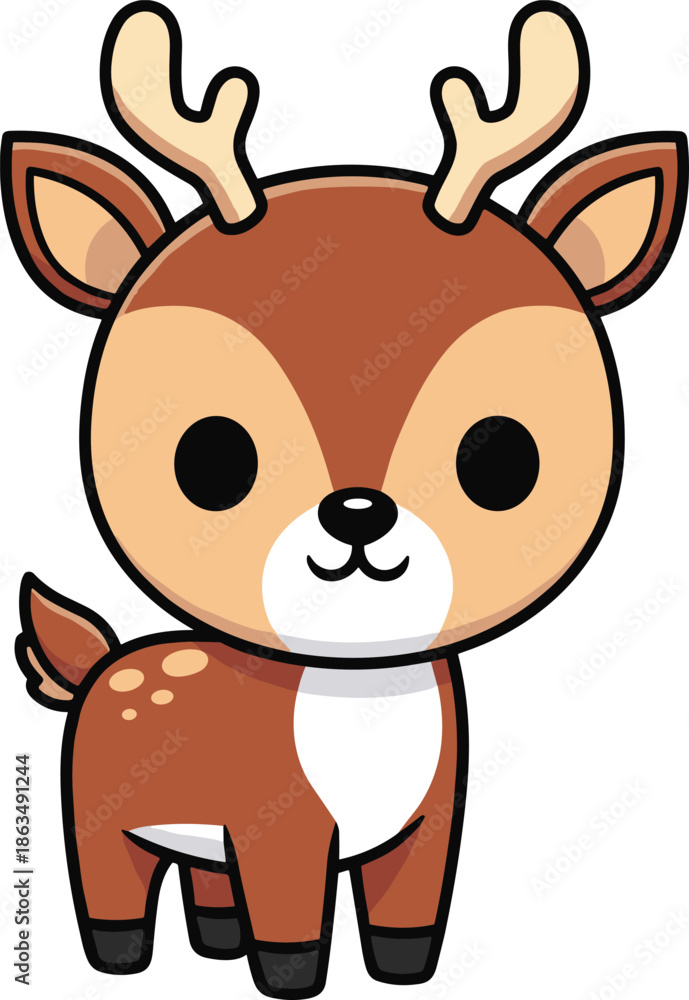 Fototapeta premium Cute cartoon deer with antlers and big eyes, smiling woodland animal vector for kids, nursery, forest theme and education.