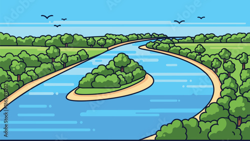 A picturesque river landscape illustration depicting a winding blue waterway, a central lush green island, and verdant banks under a clear sky with