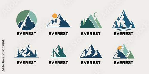 Everest Mountain Logo Set with Minimalist Outdoor Adventure and Nature Peak Icons