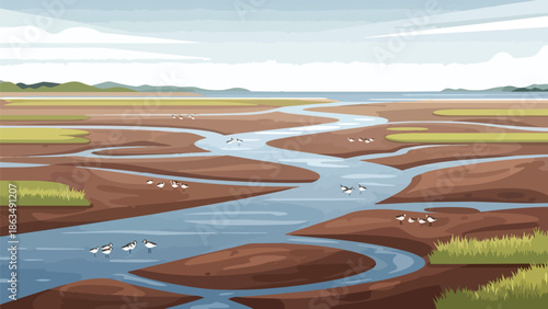 Illustrated tidal marsh landscape with winding waterways, expansive mudflats, green vegetation, and numerous shorebirds foraging under a serene sky