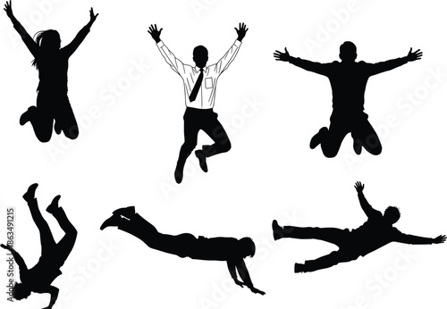 Jumping people silhouette vector illustration with dynamic airborne poses joy freedom happiness motion design business casual lifestyle art concept