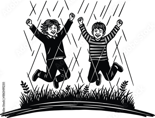 Joyful kids jumping in rainy weather, playful children enjoying nature, happy childhood moment in monsoon, black and white vector art