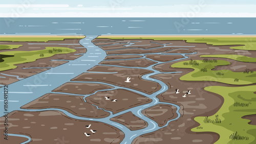 Illustrated serene coastal estuary with winding tidal water channels and expansive marshland hosting diverse avian life