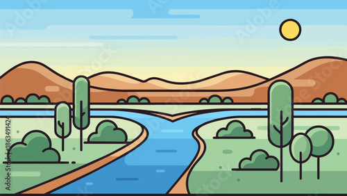 Minimalist vector landscape illustration with serene river, rolling hills, bright sun, stylized trees
