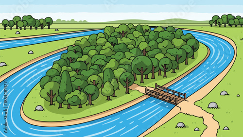 A charming stylized cartoon illustration showcases a verdant forested island nestled within a gracefully winding blue river flowing through a lush