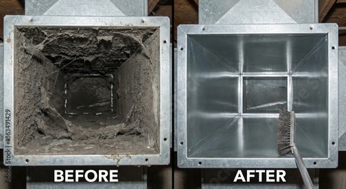 Professional air duct cleaning process with a metal brush. Before and after view of rectangular ventilation shaft maintenance showing thick dust removal.